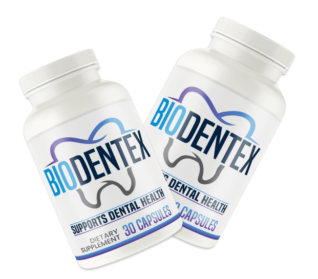 Two bottles of Biodentex oral health dietary supplement, 30 capsules each